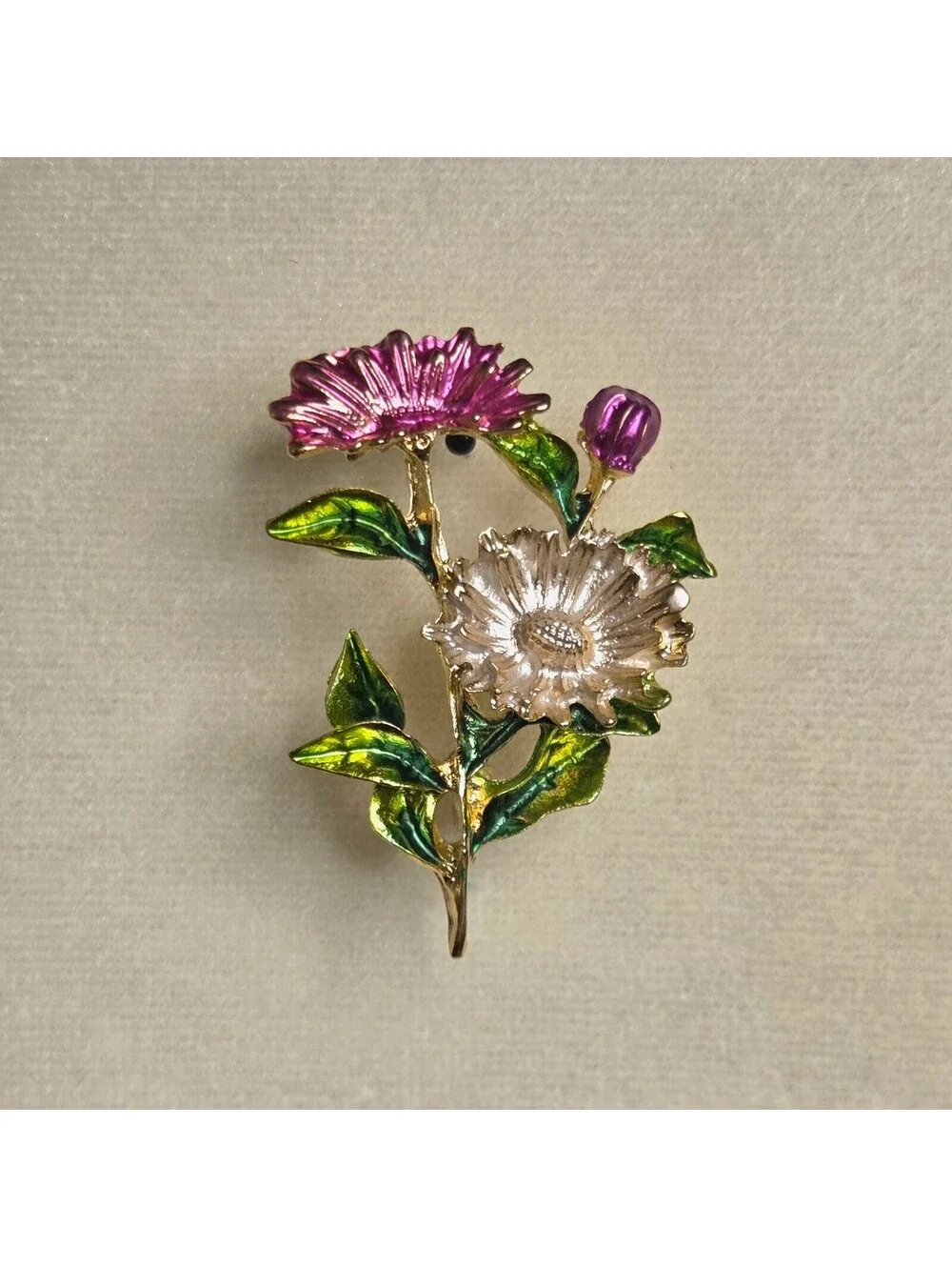Pink & Green Enamel Style Gold Tone Floral Brooch Cottage Coquette Easter Spring